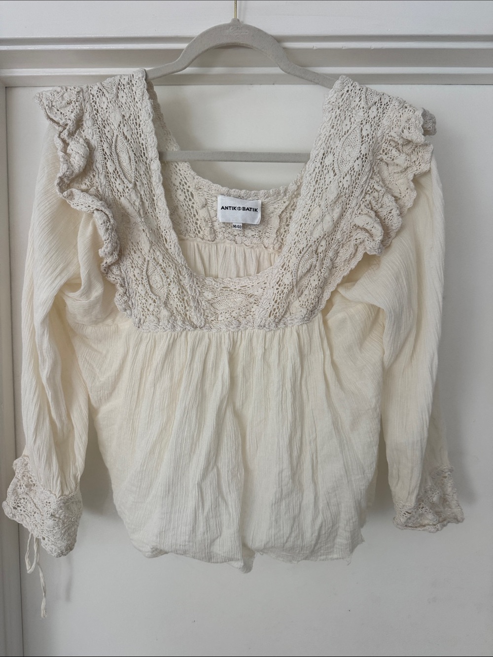 Antik Batik Cream Crochet-Trim Peasant Top